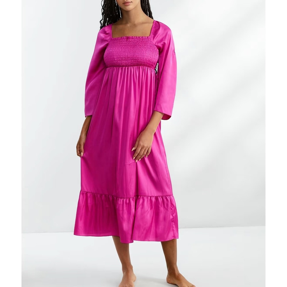 Bare Necessities Magenta Satin Smocked Puff Sleeve Nightgown BN2089 Medium NEW